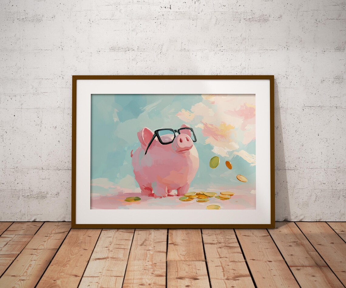 Pink Piggy Bank Black Glasses Gold Coins Funny Money Art Poster - Image 2