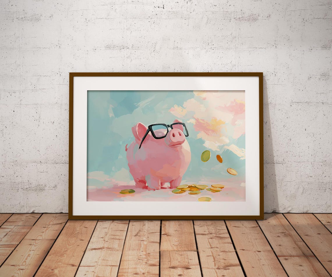 Rich Piggy Bank Painting Pixel Glasses Piggy Art Cute Piggy Bank Wall Art Piggy Bank Wall Art Piggy Bank Decor Pink Piggy Bank Art - Image 2
