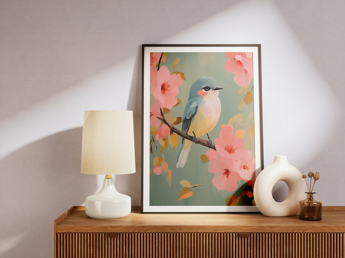 Blue Songbird Among Pink Blossoms Pastel Bird Painting Art Poster - Image 4