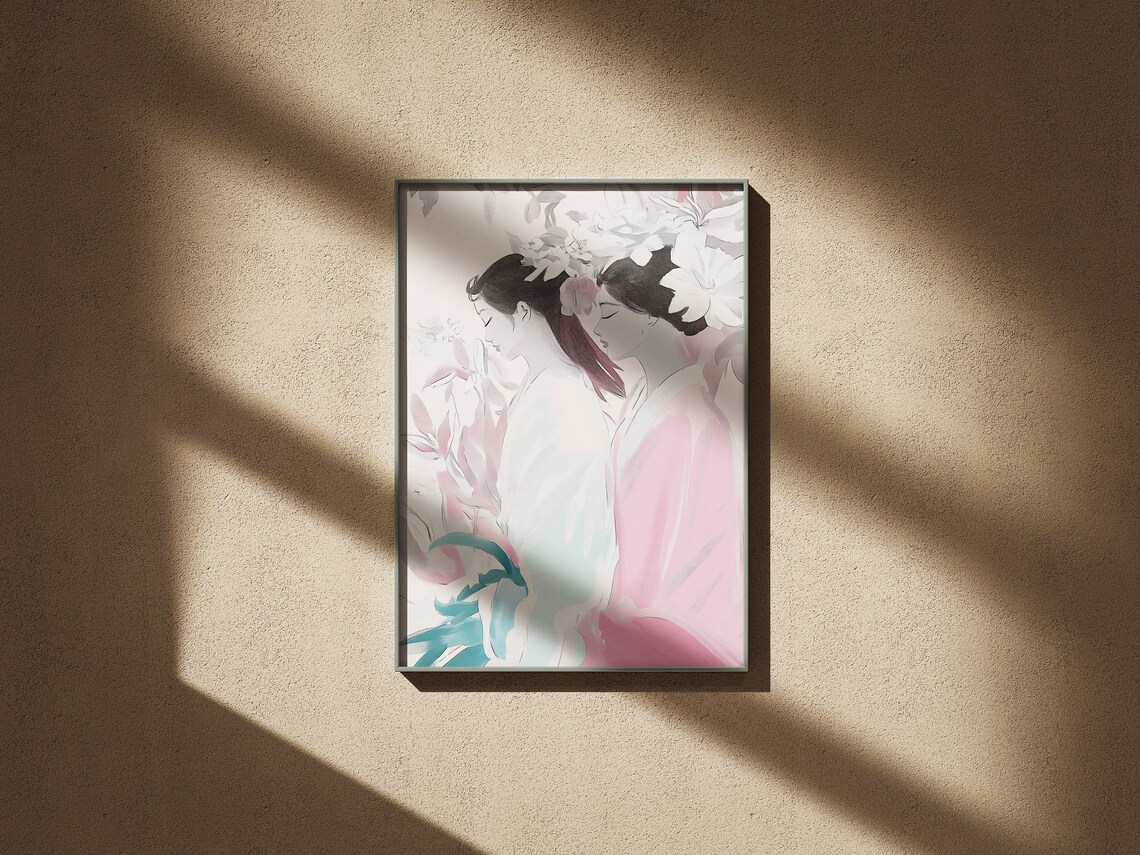 Two Geisha Women in Soft Watercolor Pink Floral Portrait Art Poster Print - Image 2