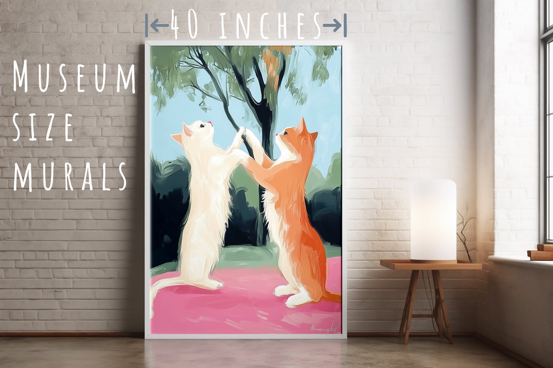 Two Playful Kittens Dancing Under Tree Cute Pastel Cat Print - Image 5