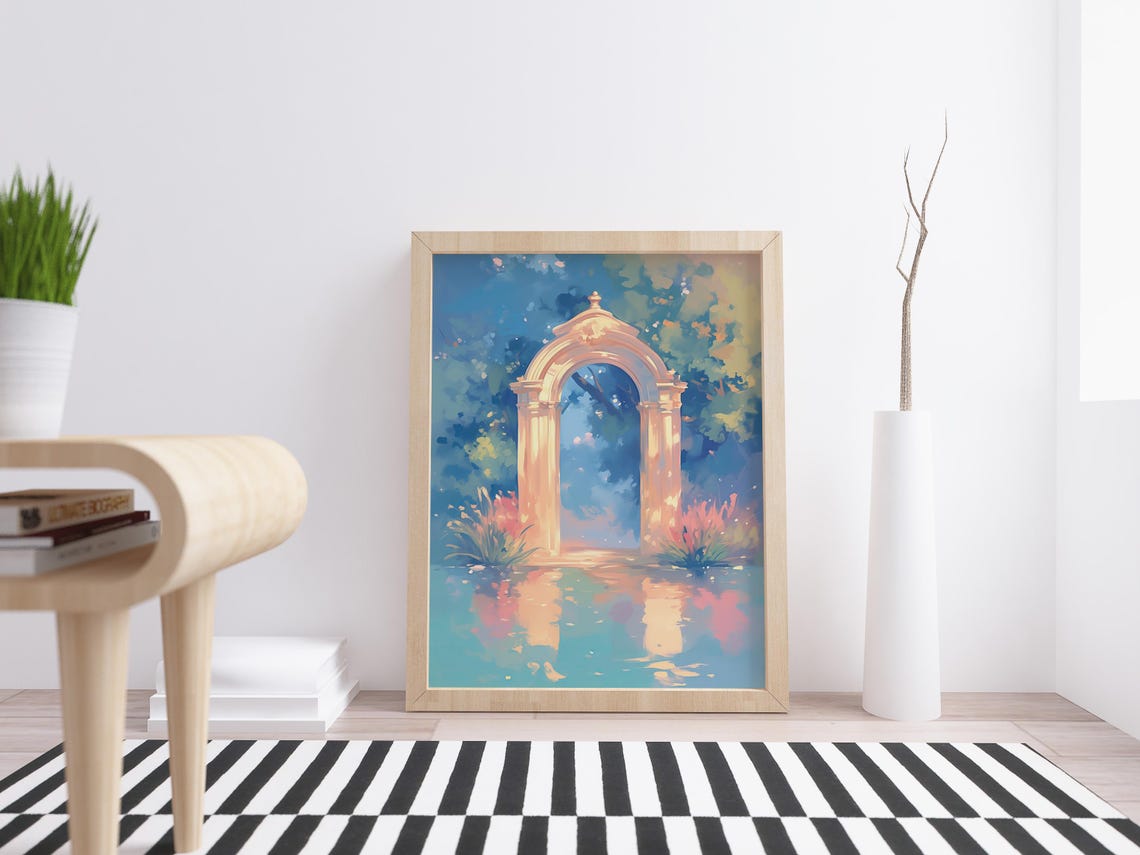 Classical Stone Archway Over Water In Glowing Sunset Garden Poster - Image 4