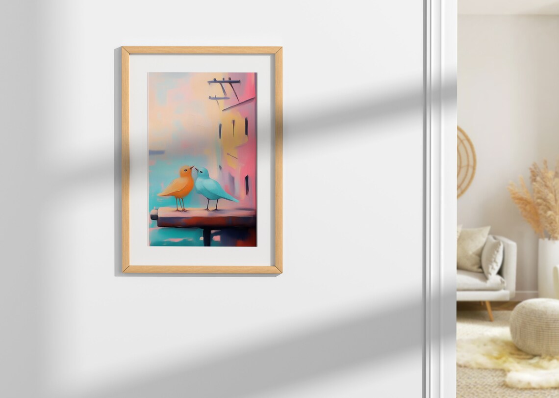Orange And Teal Birds Pair Snuggling Pastel Abstract Art Print - Image 2