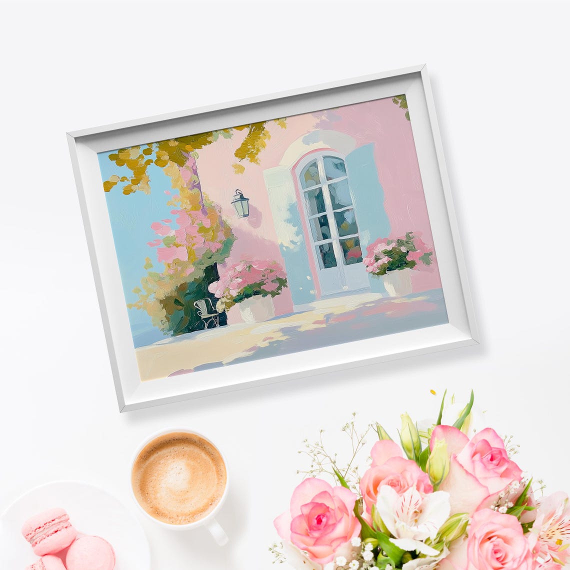 French Countryside Terrace Pink House Blue Shutters Pastel Print - Image 5