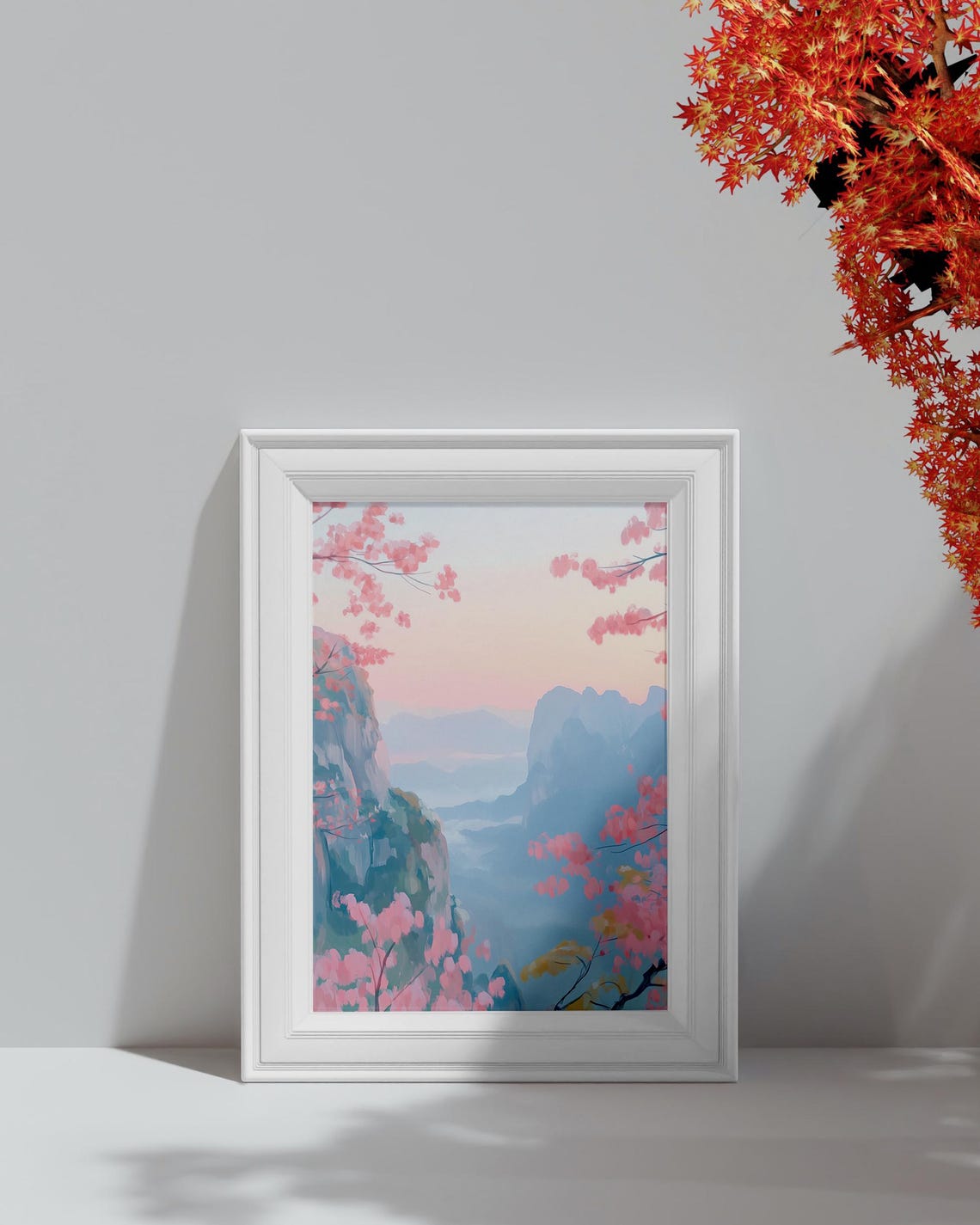 Pink Cherry Blossom Misty Mountain Lake Spring Landscape Art Poster - Image 4