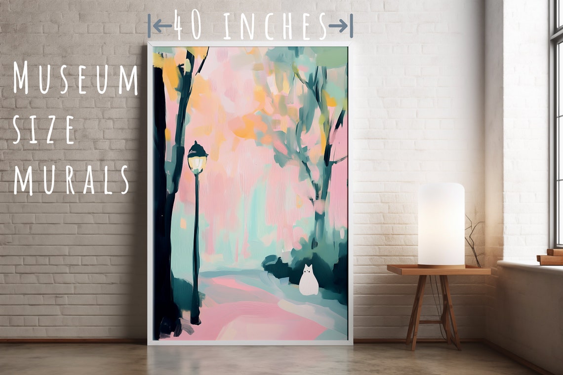 White Cat on Park Path Lamppost Pastel Blossom Night Wall Art Print - Image 5