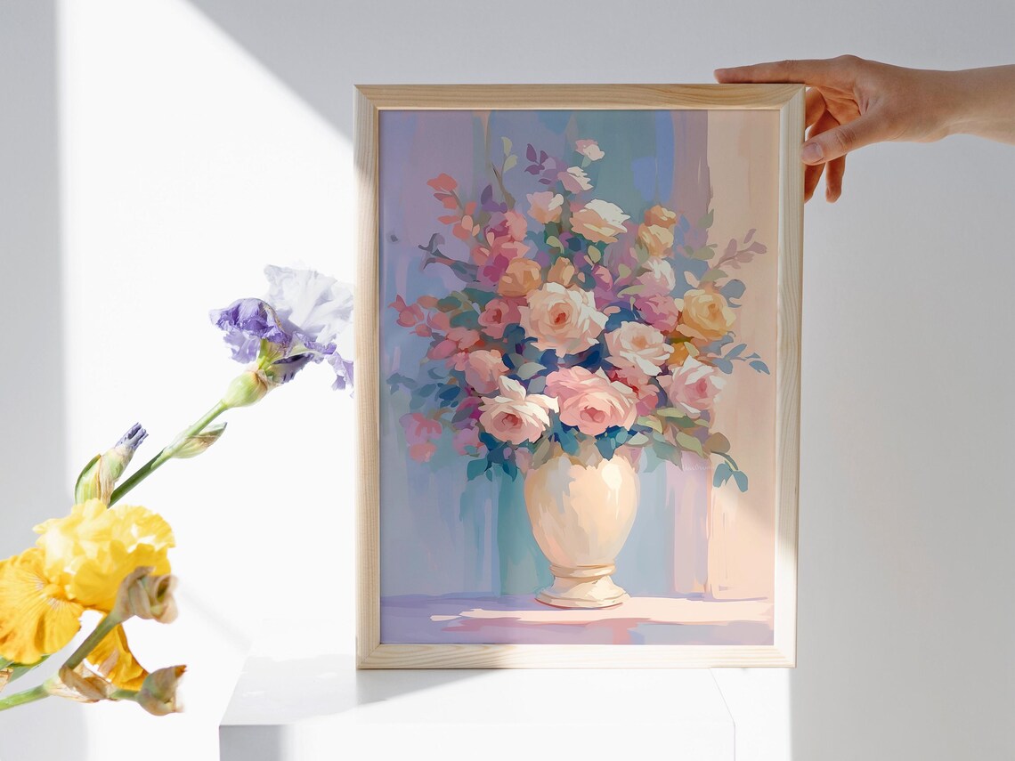 Pink Cream Roses Bouquet White Vase Soft Pastel Floral Still Life Wall Art - Image 4