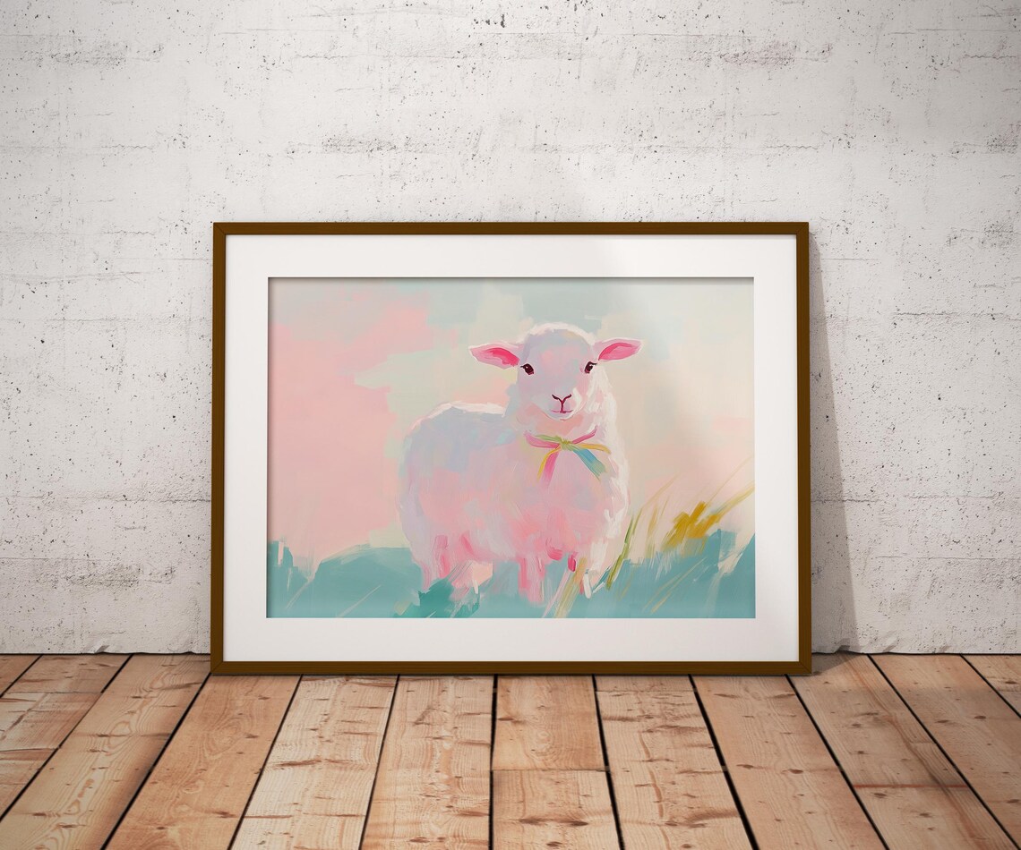 White Lamb Pink Bow Pastel Meadow Sweet Nursery Animal Art Print - Image 2