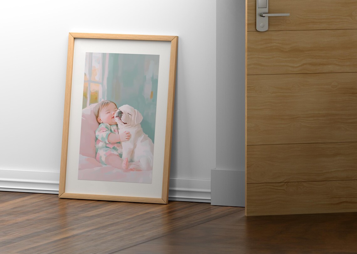 Baby Hugging White Puppy Pastel Nursery Sweet Pet Love Art Poster - Image 2