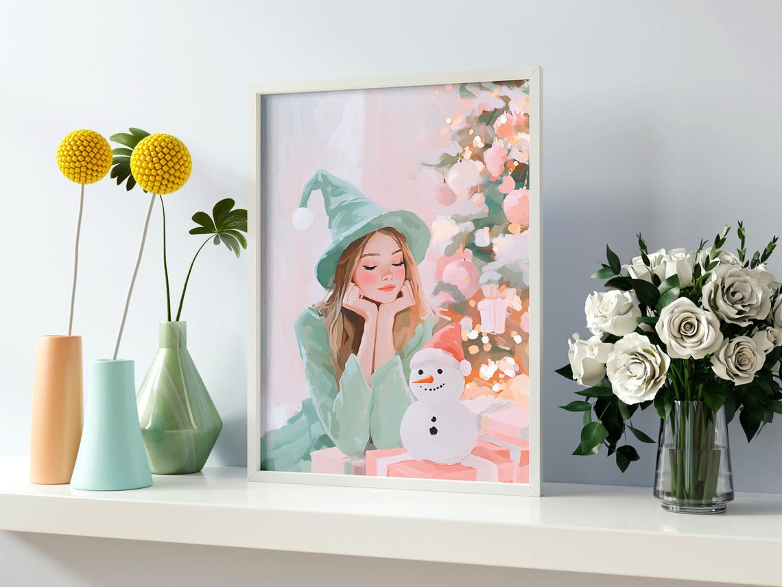Pastel Christmas Fairy Her Snowmanl Christmas Fairy Art Snowman With Fairy Cute Fairy Painting Witch Hat Fairy Colorful Fairy Print - Image 2