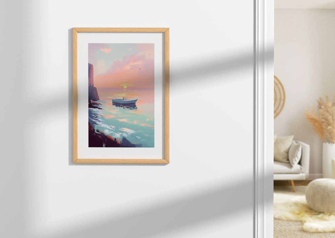 Small Blue Boat At Pink Sunset Calm Ocean Pastel Seascape Print - Image 2