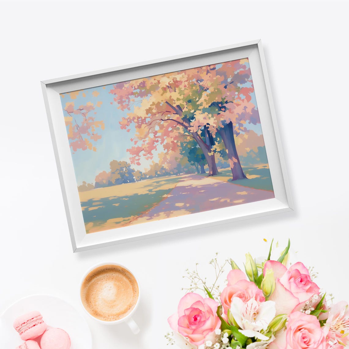 Sunlit Park Path Pink Gold Blooming Trees Cottagecore Art Poster - Image 5