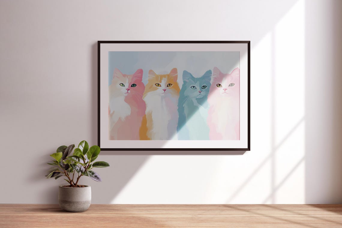 Four Pastel Cats Pink Orange Blue Row Cute Kitty Portrait Poster - Image 3