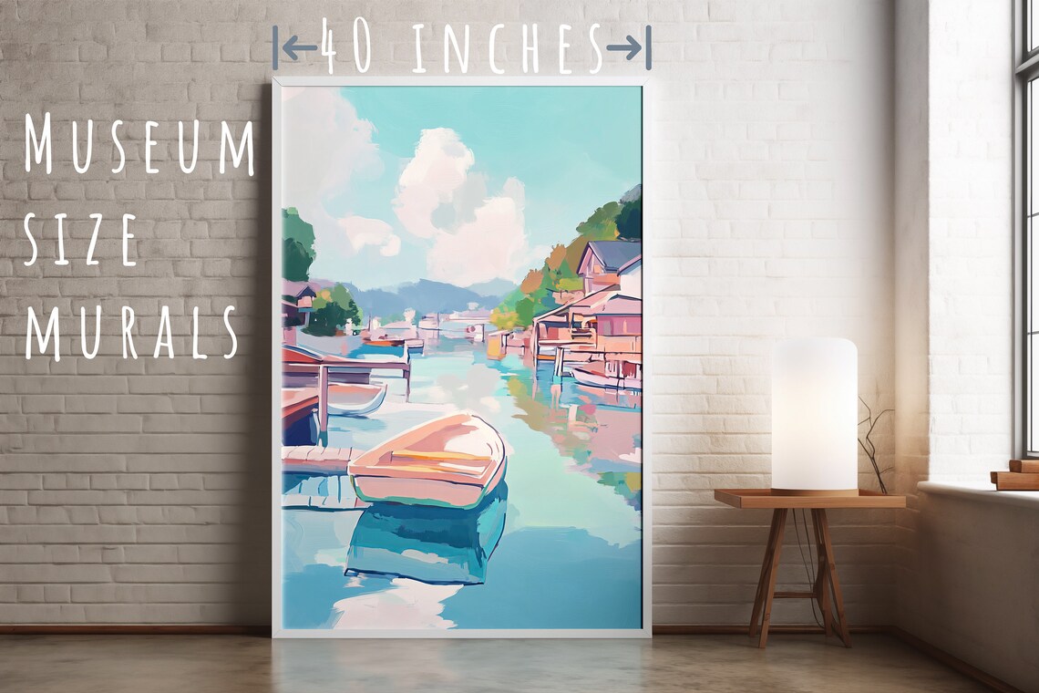 Lakeside Fishing Village With Boat Colorful Harbor Art Poster - Image 5