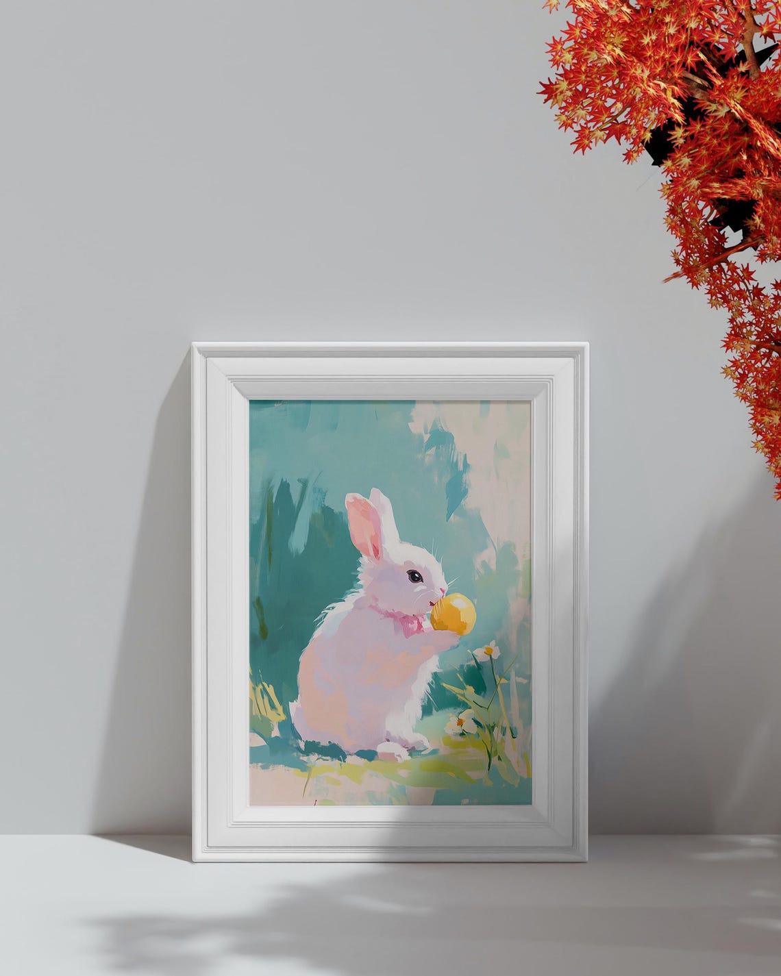 White Bunny Eating Yellow Pitaya Fruit Pastel Rabbit Portrait Poster - Image 4