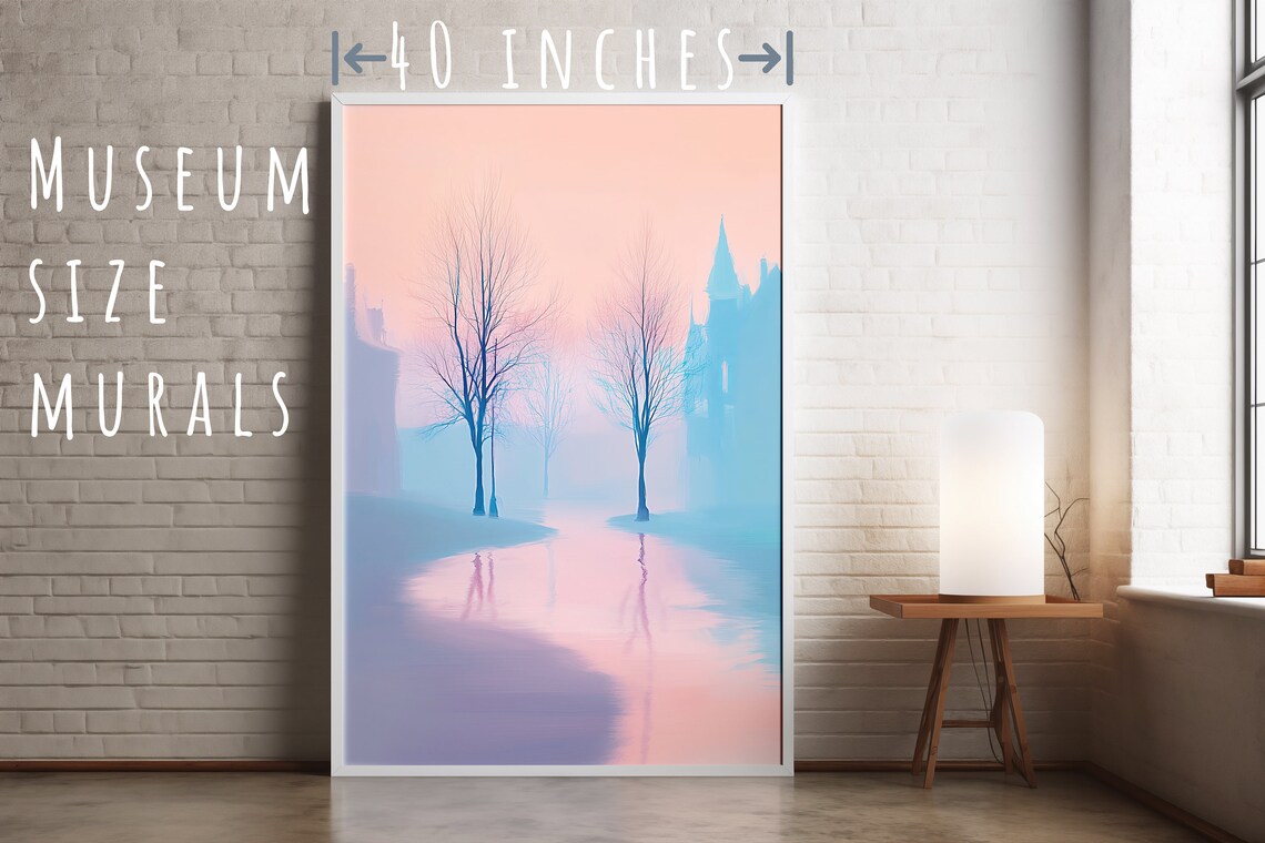 Misty Dawn Bare Trees Reflecting In Pink Lake Pastel Art Poster - Image 5