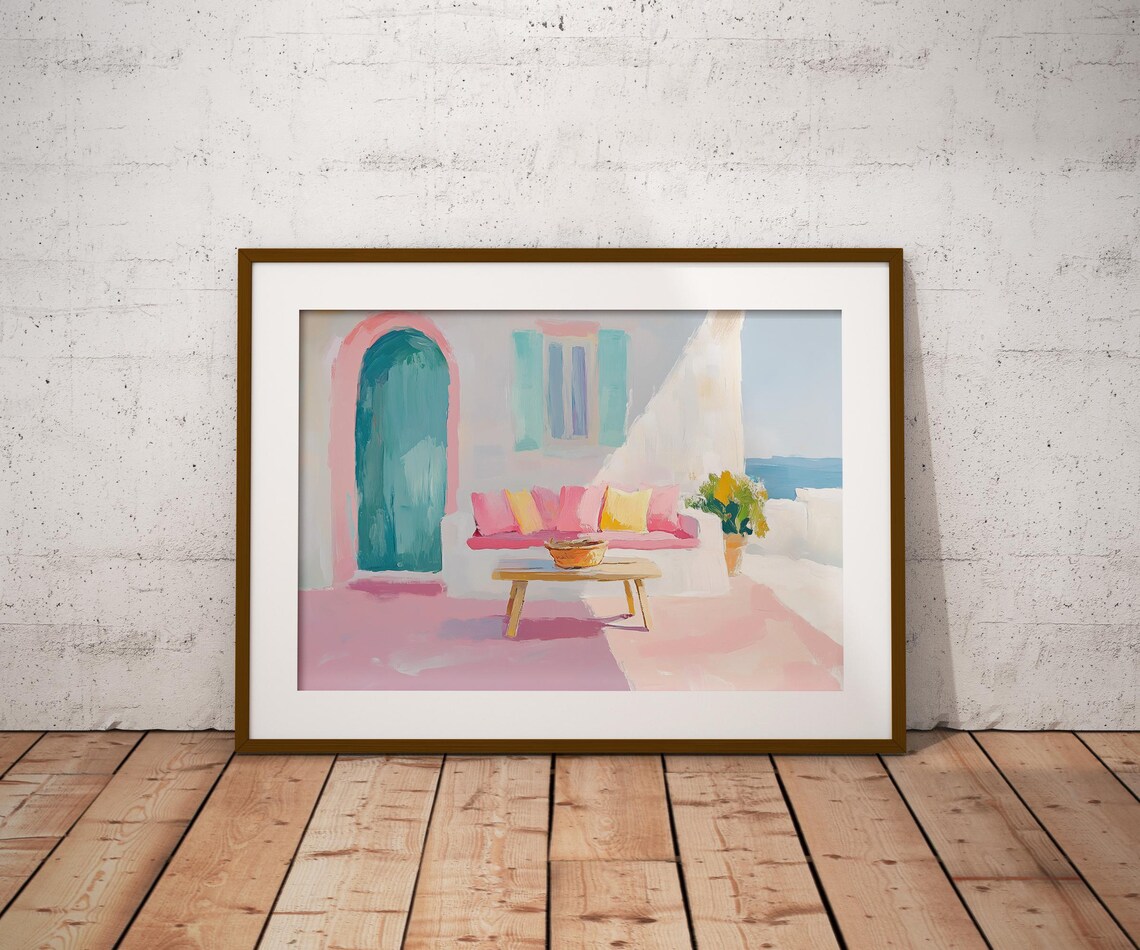 Mediterranean Terrace With Teal Arched Door Pastel Sea View Painting Poster - Image 2