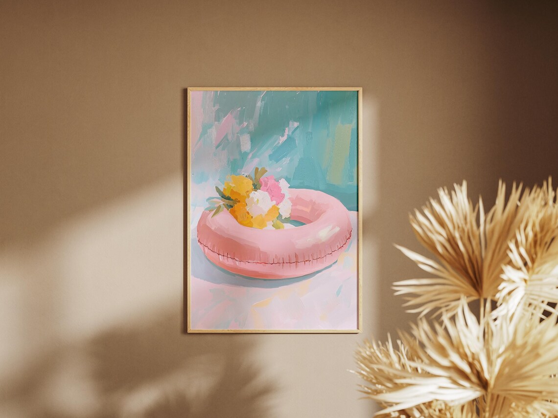Pink Pool Float With Flowers Pastel Summer Painting Playful Wall Art - Image 2