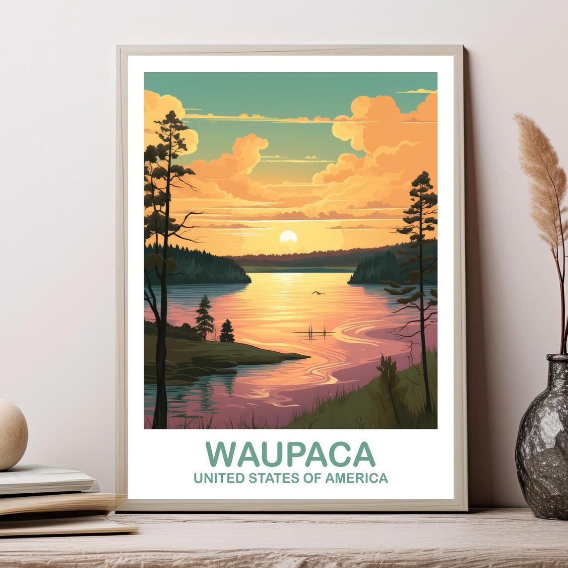 Waupaca Wisconsin Travel Poster Lake Sunset Pine Trees USA Wall Decor
