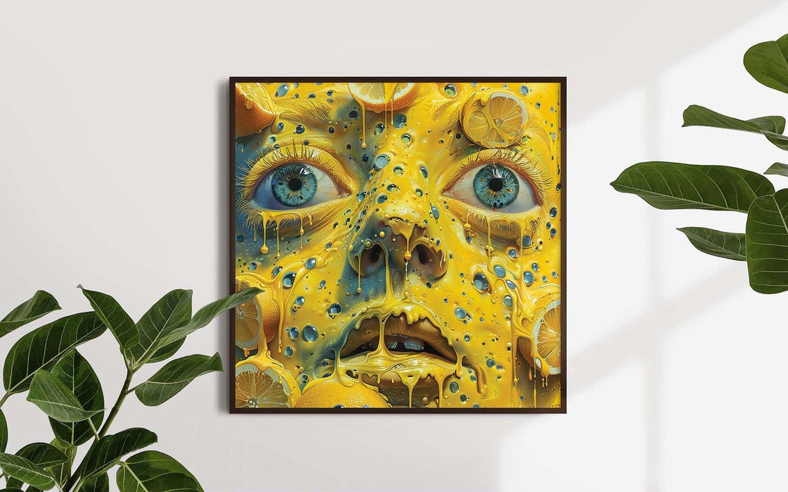 Surreal Face Covered In Dripping Lemons Yellow Citrus Art Poster - Image 3