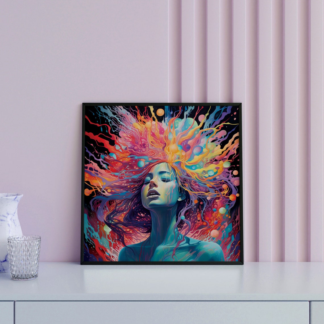 Serene Woman Face Dissolving Neon Cosmic Energy Surreal Wall Art - Image 2