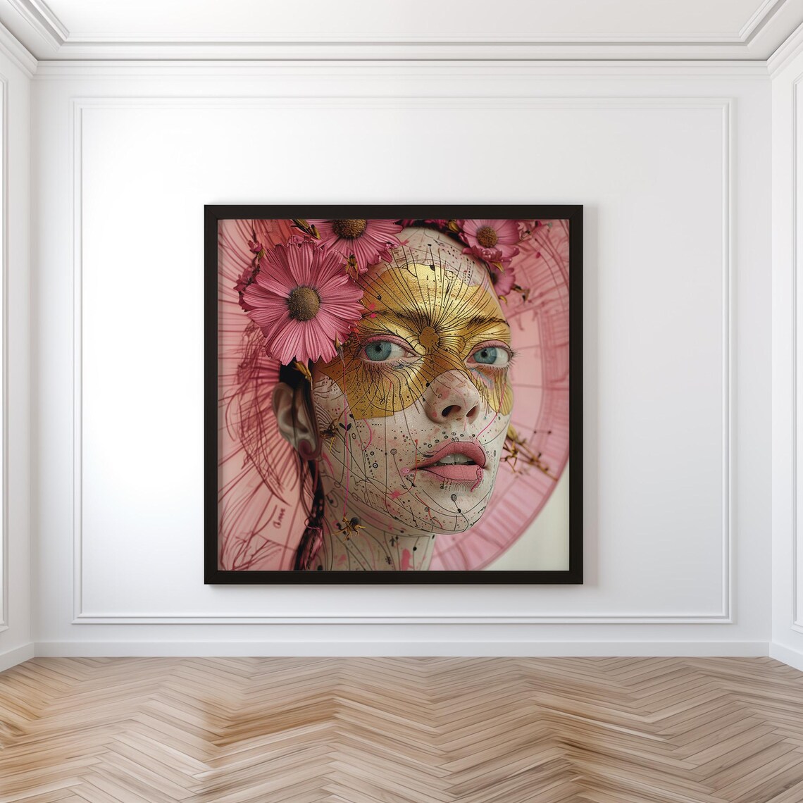 Golden Line Face Mask Pink Flowers Avant Garde Woman Art Poster - Image 4