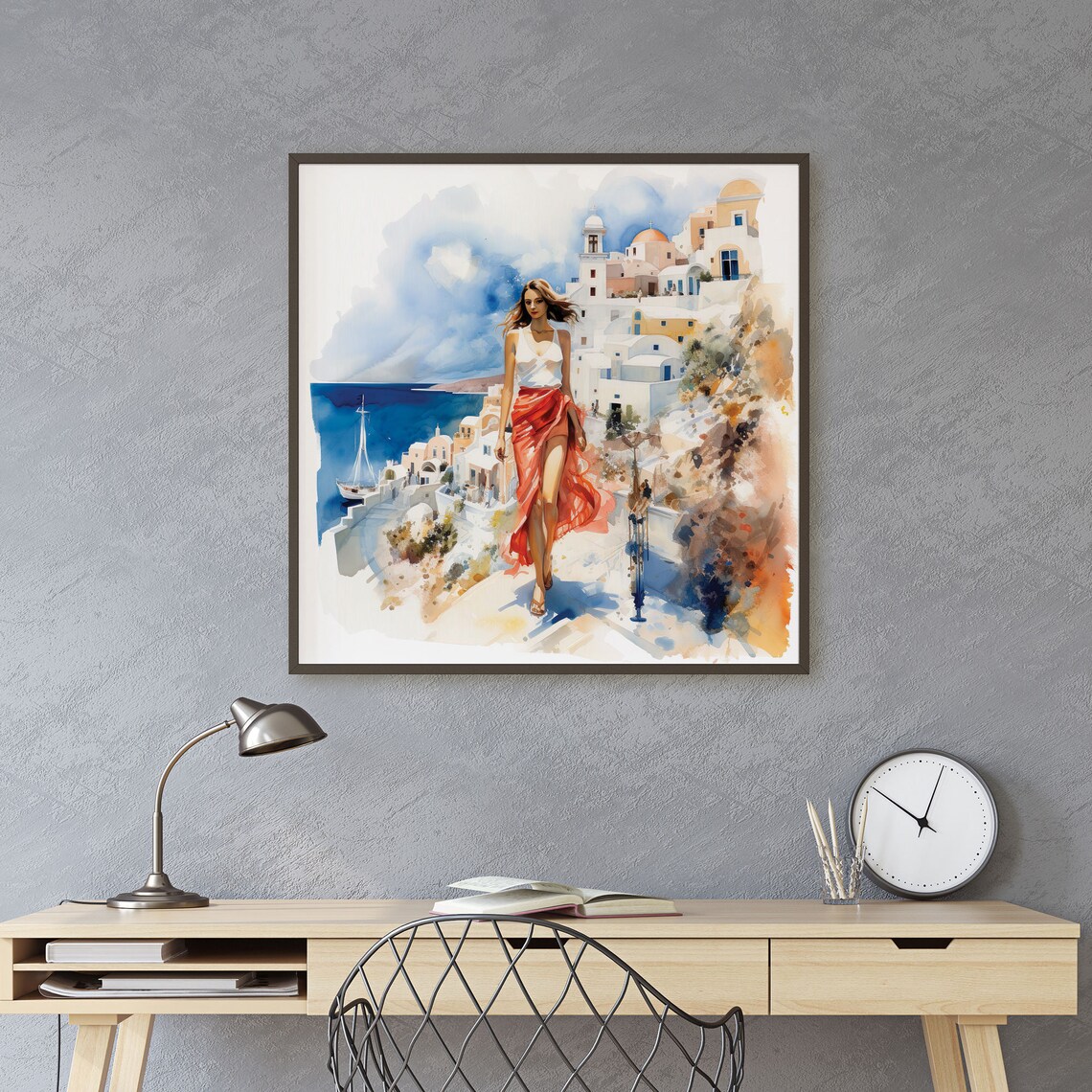 Santorini Greece Watercolor Woman In Red Skirt Island Travel Poster - Image 2