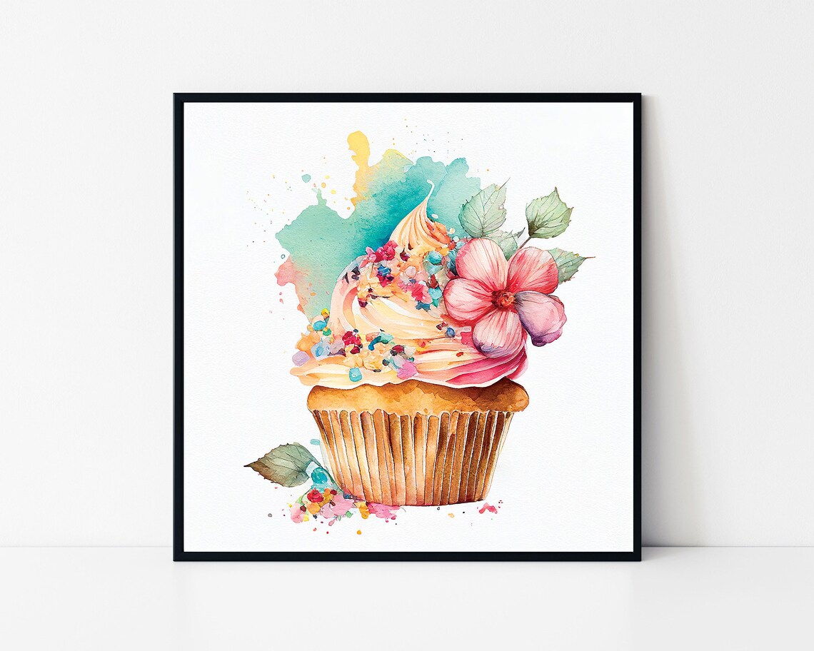 Watercolor Cupcake With Flowers Art Print, Kitchen Decor