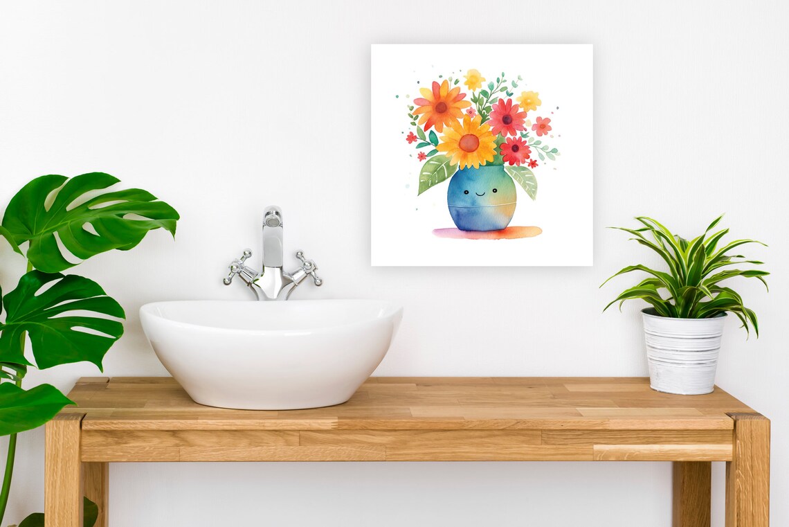 Smiling Vase Watercolor Flowers Cute Happy Bouquet Nursery Poster - Image 3