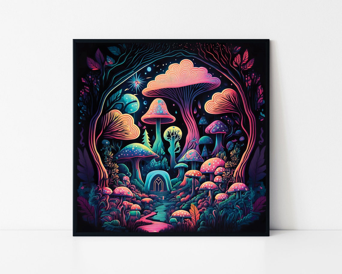 Neon Psychedelic Mushroom Forest With Tiny Door Fantasy Art Poster