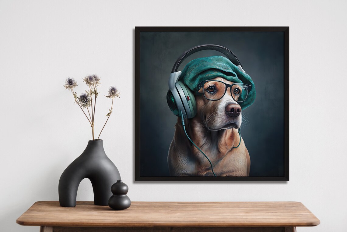 Hipster Dog Headphones Glasses Beanie Funny Pet Portrait Poster - Image 4