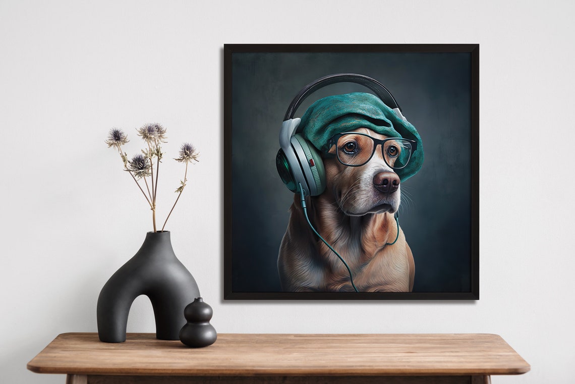 Portrait Of A Dog Wearing Hat Headphone And Glasses Framed Poster Portrait Of A Cool Dog Wall Hanging Dog Lovers Dog Listening To Music - Image 4