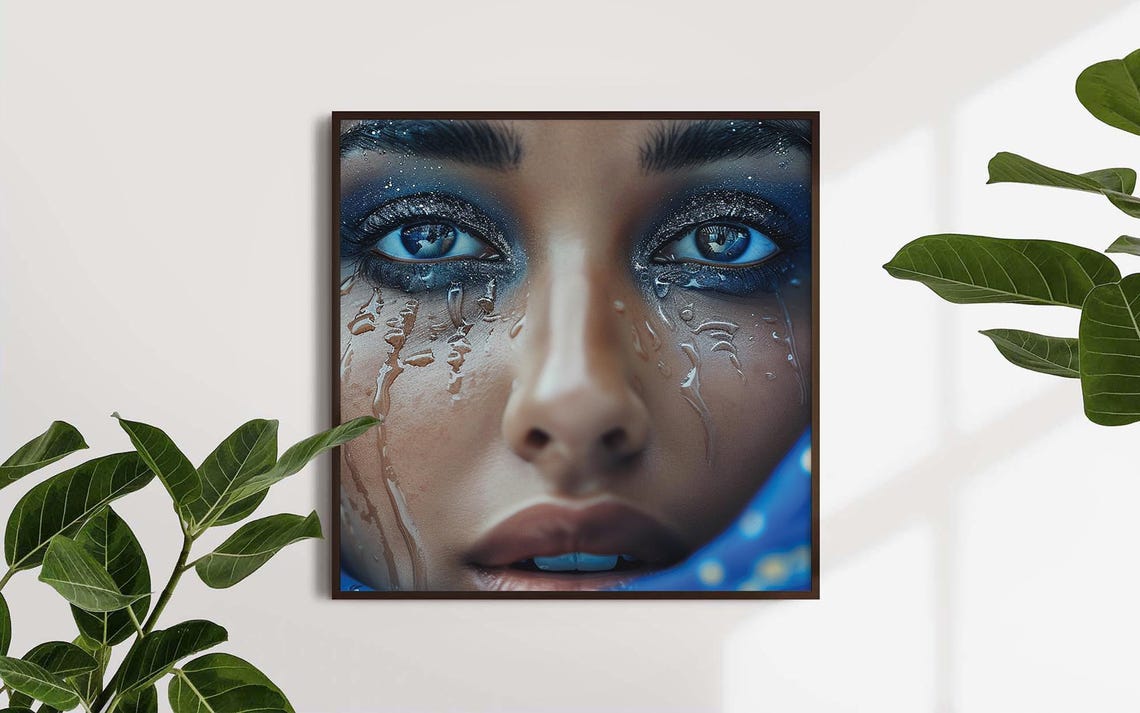 Tearful Blue Eyes Water Droplets Glitter Makeup Beauty Portrait Print - Image 2