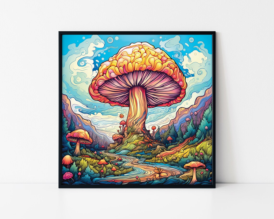 Giant Psychedelic Mushroom Valley Winding River Trippy Nature Poster