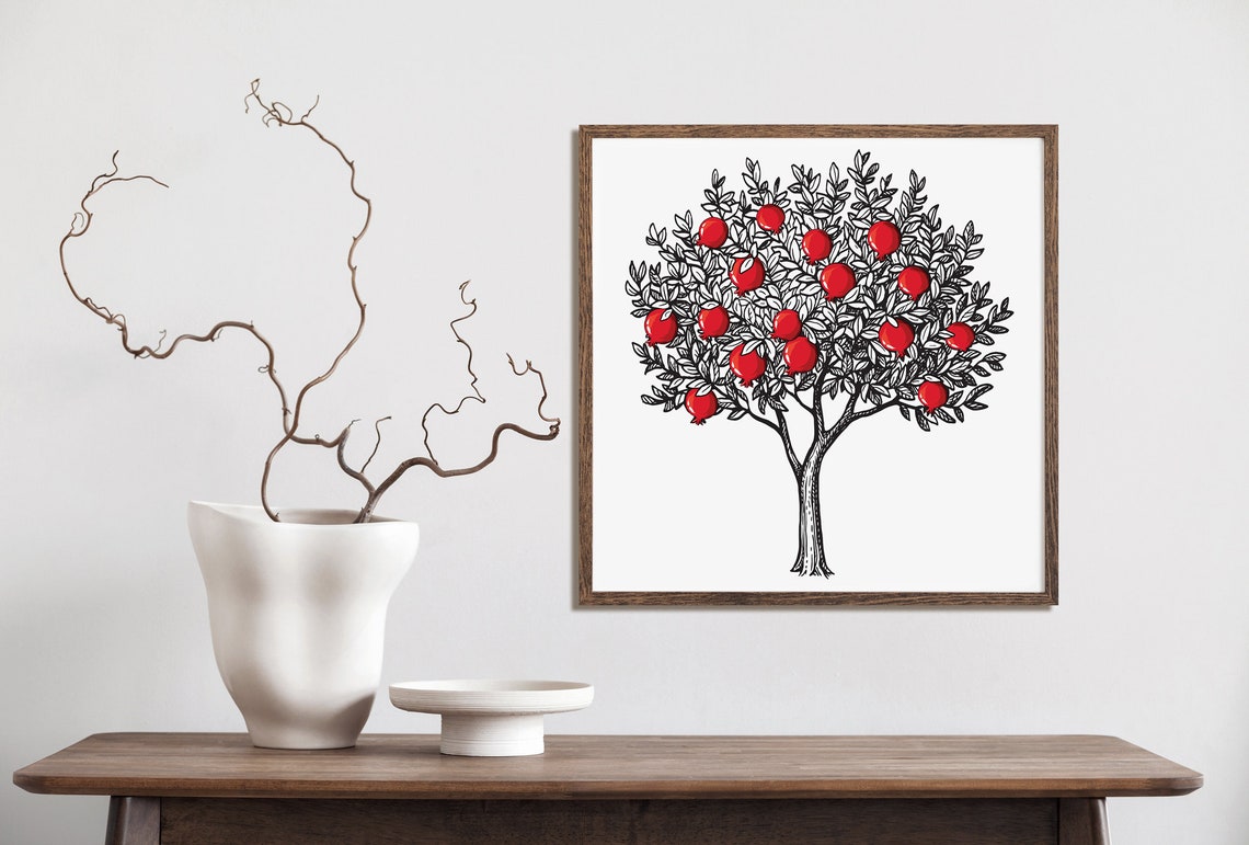 Pomegranate Illustration Tree Framed Poster Pomegranate Tree Drawing Wall Art Pomegranate Tree Wall Hanging Poster Home Decoration Art - Image 3