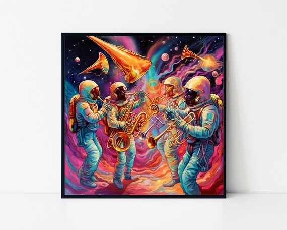Astronaut Brass Band Playing In Psychedelic Space Music Art Poster