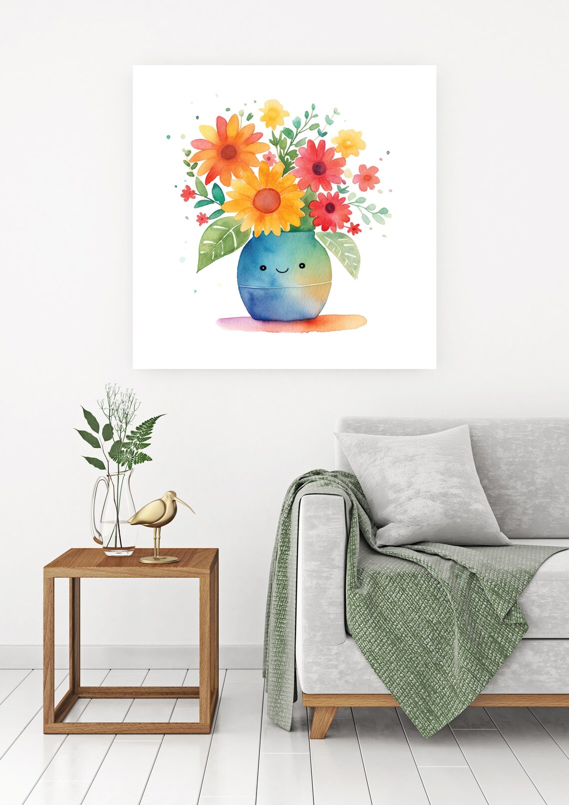 Smiling Vase Watercolor Flowers Cute Happy Bouquet Nursery Poster - Image 2
