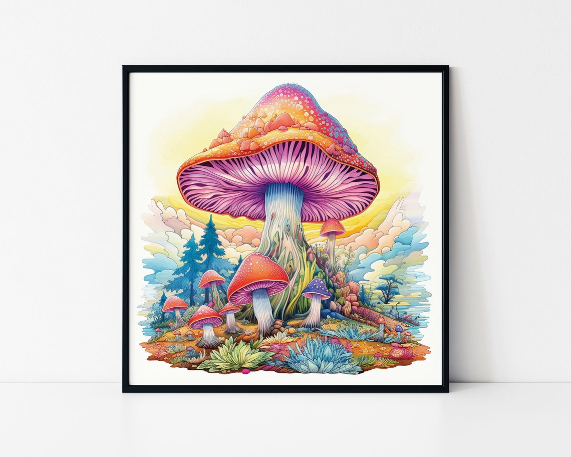 Psychedelic Mushroom Hill Giant Amanita Cottagecore Fantasy Poster