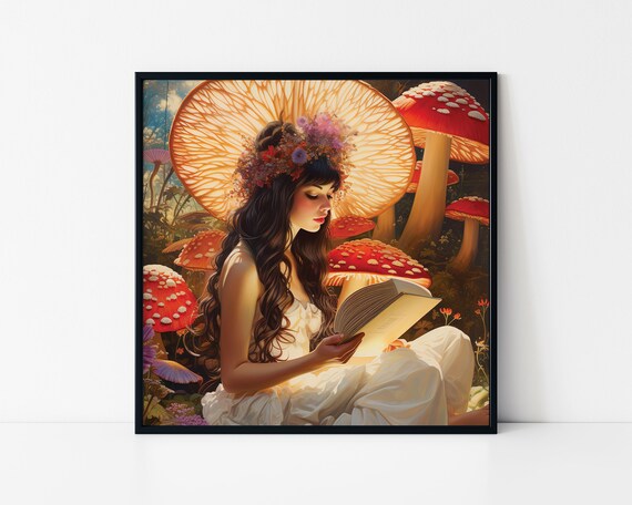Woman Reading A Book In A Psychedelic Mushrooms Forrest Framed Poster Psychedelic Wall Art Woman With Magic Mushrooms Psychedelic Woman