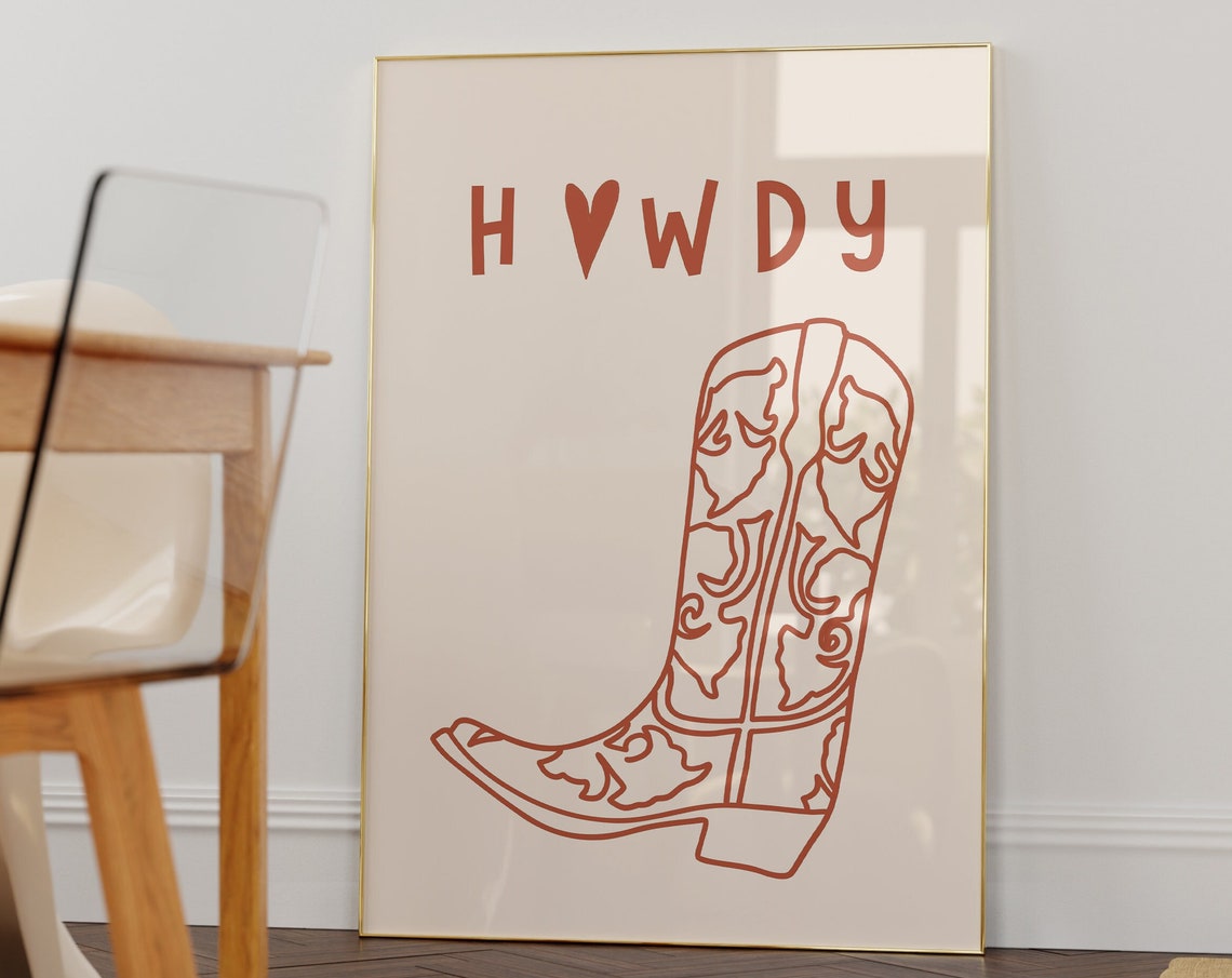 Howdy Terracotta Cowboy Boot Line Art Western Home Decor Poster