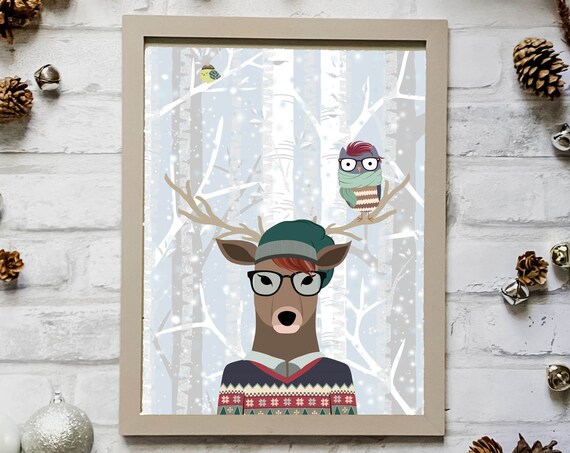 Whimsical Deer Wearing Glasses And Winter Sweater Owl Snowy Forest Poster
