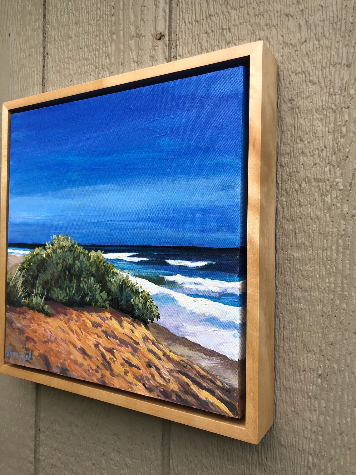 Ocean Dunes Bold Blue Waves Coastal Shrubs Oil Painting Poster - Image 2