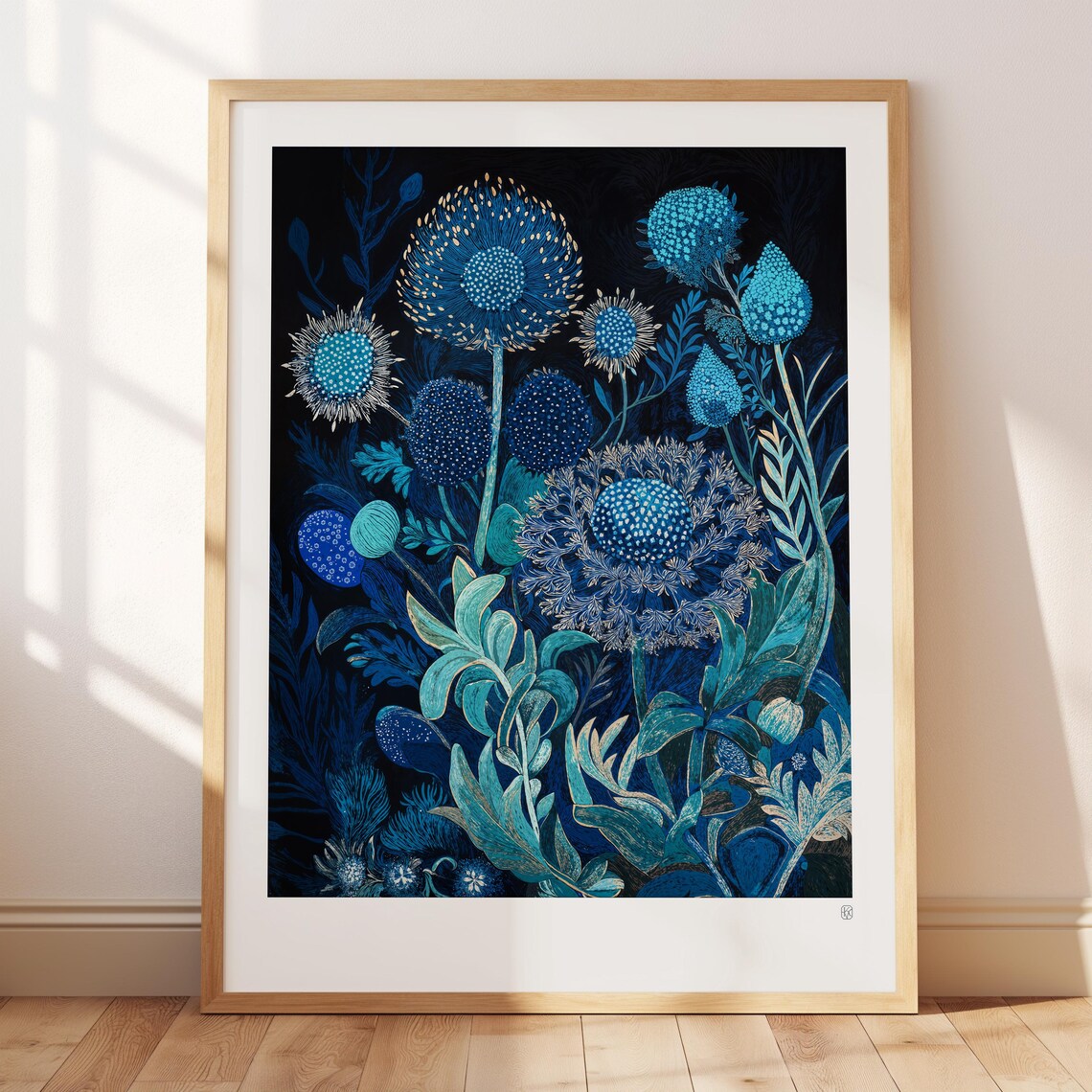 Blue Flowers Rustic Botanical Block Print Art Print - Image 2