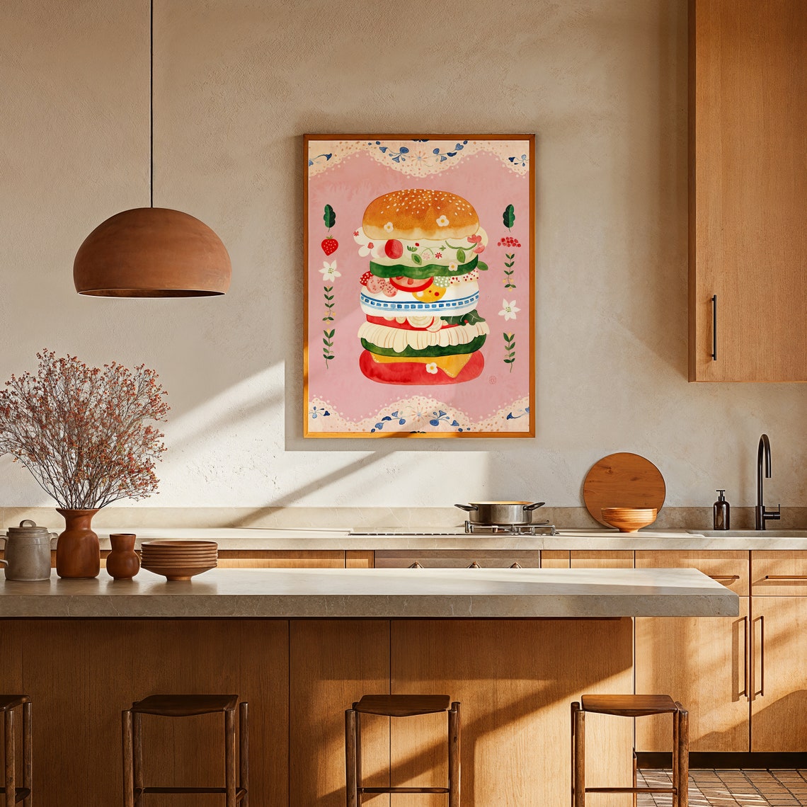 Whimsical Giant Burger Watercolor Pink Cafe Bakery Illustration Poster - Image 2