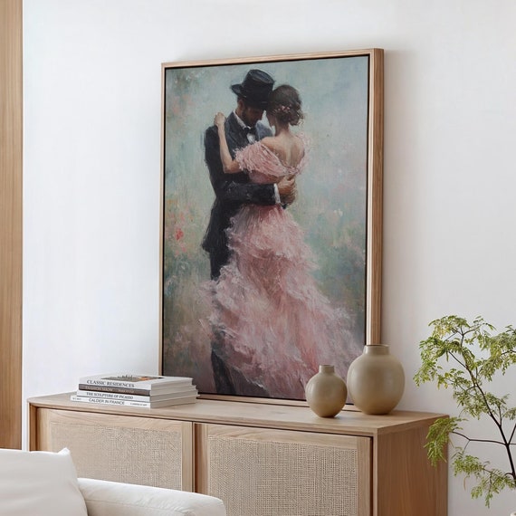 Romantic Couple Embracing In A Dreamy Dance With Flowing Pink Gown Elegant Oil Painting Of Love And Passion