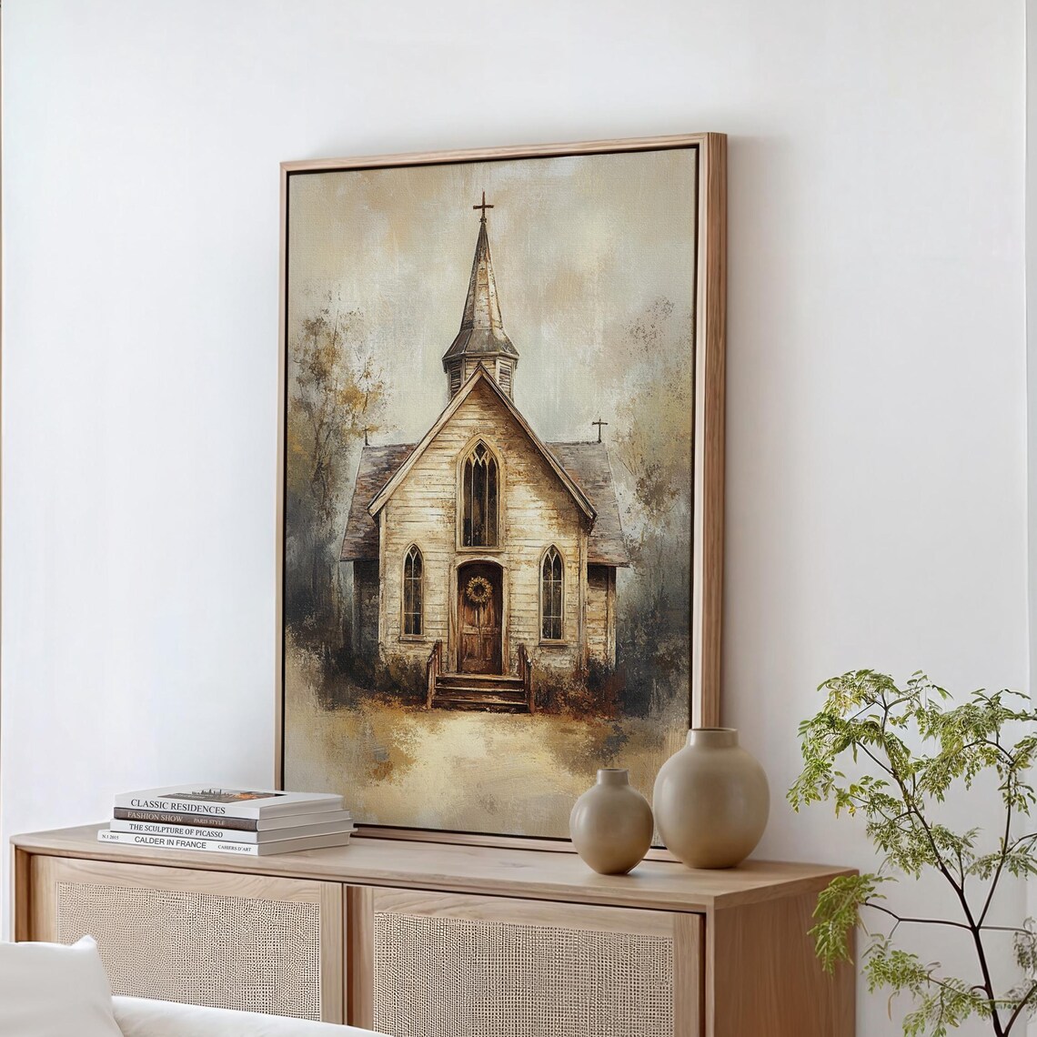Rustic Church Painting, Vintage Chapel Art Print
