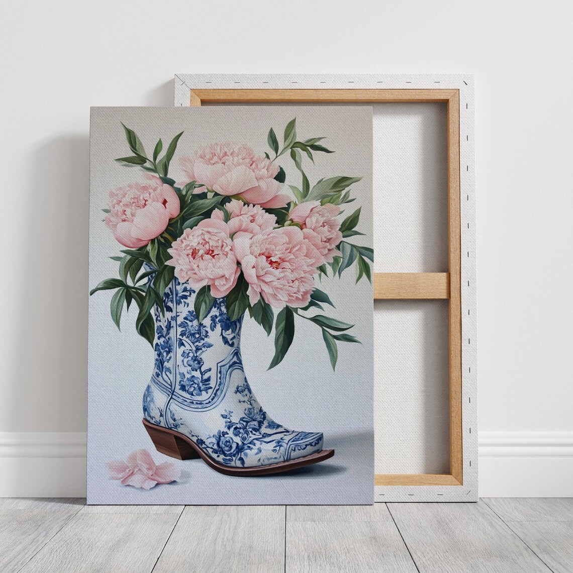 Pink Peonies Porcelain Cowboy Boot Vase Blue White Floral Art Poster