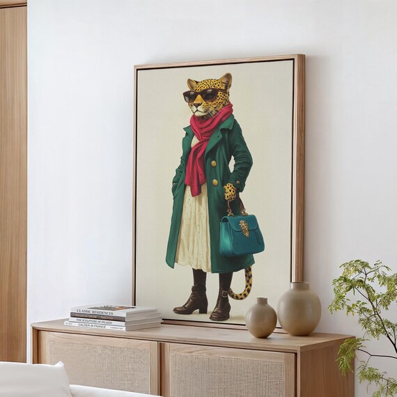 Fashionable Leopard In Sunglasses Green Coat Red Scarf Quirky Wall Art