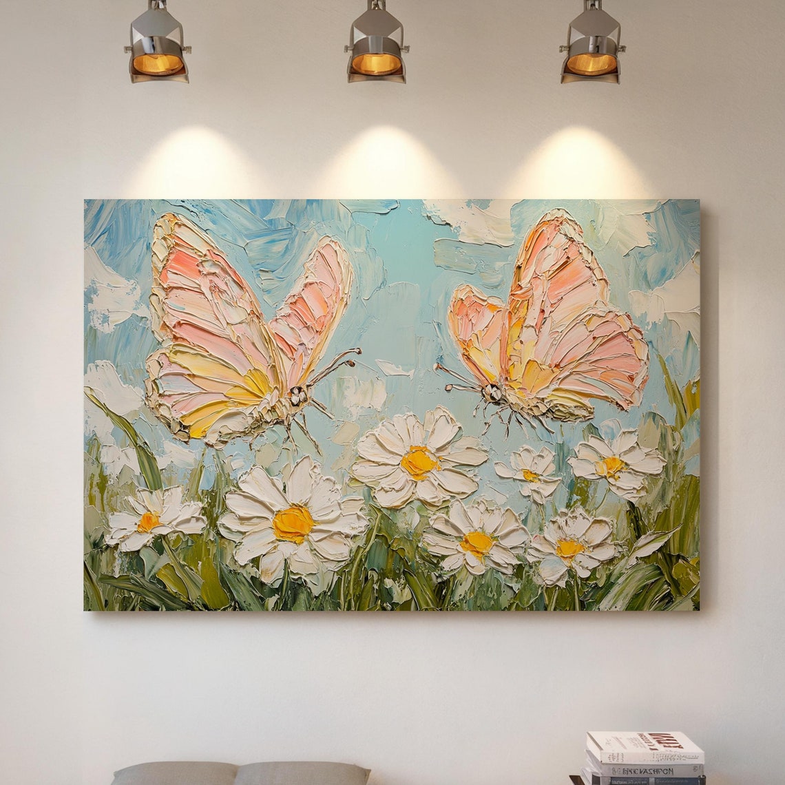 Soft Pink And Yellow Butterflies Hovering Above Vibrant Daisies In A Textured Painting Style With A Bright Blue Backdrop