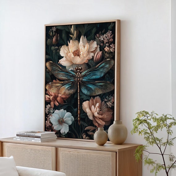 Golden Dragonfly And Floral Art Print Elegant Botanical Wall Decor Nature Inspired Artwork With Stunning Floral Details